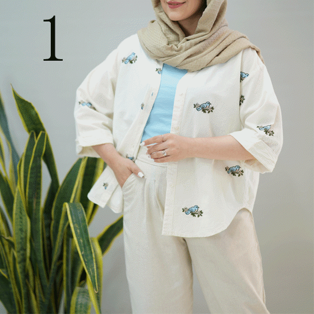 تصویر  شومیز لینن گلدوزی آستین پاکتی