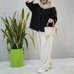 تصویر  شومیز مانتویی لینن مشکی دوجیب